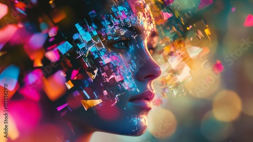 A vibrant and abstract portrait showcasing the fusion of technology and human emotion through colorful digital fragments and bokeh effects in a dreamlike atmosphere. Generative AI
