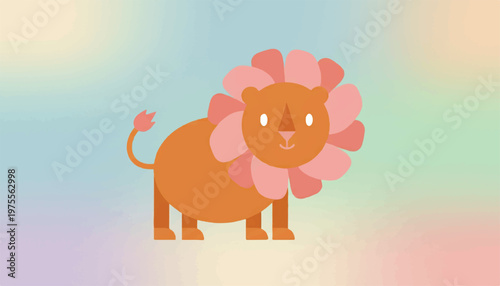A simplified, friendly cartoon lion with a pink mane stands against a soft, colorful gradient background, representing a cheerful and approachable animal character