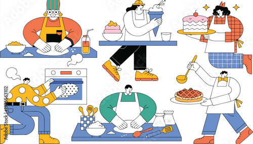 Illustration of people in aprons cooking and baking desserts and dishes in a kitchen setting