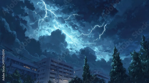Dramatic Sky illuminated by electric blue lightning strikes illuminating dark stormy clouds above a silhouetted cityscape with pine trees in the foreground dramatic natural phenomenon at night