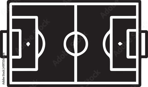 Soccer field top view vector icon, black and white football pitch layout, minimalist sports stadium diagram for strategy and coaching