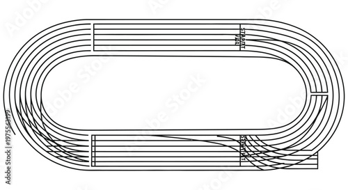 Aerial view of a running track with multiple lanes depicted in a simple line drawing