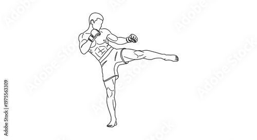 Muay thai fighter demonstrating a powerful roundhouse kick in a line art style