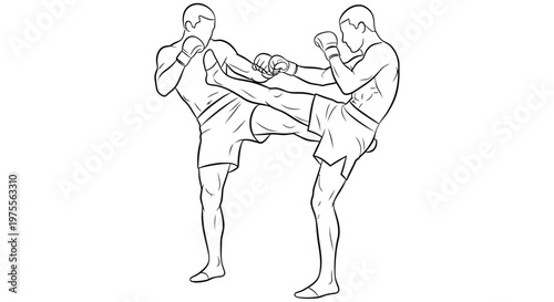 Muay thai fighters engaged in a dynamic kickboxing sparring sequence outlined in black