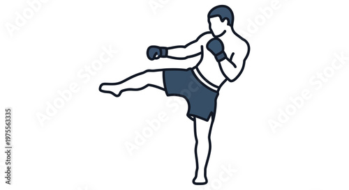 Illustration of a male athlete demonstrating a dynamic kick in muay thai style