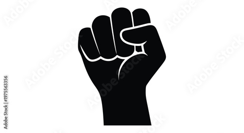 A black and white illustration of a raised fist against a white background