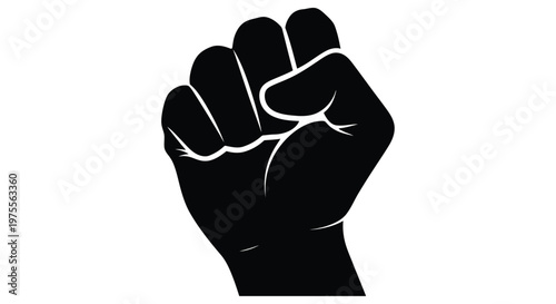 A stark black silhouette of a clenched fist against a white background