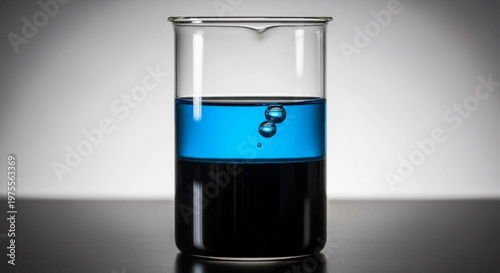 Laboratory glassware with layered liquids depicting a chemistry experiment visually