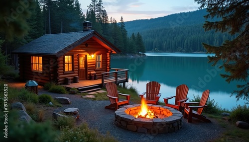 Wooden cabin near calm lake at dusk with burning campfire and chairs. Peaceful evening scene in forest. Nature retreat offers relaxation and quietude.