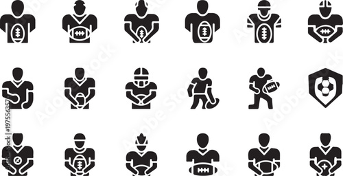 American football player icons set, black solid vector silhouettes of athletes with balls, 18 sports team character elements for web and app design