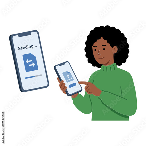 Woman sends message from phone to another device successfully