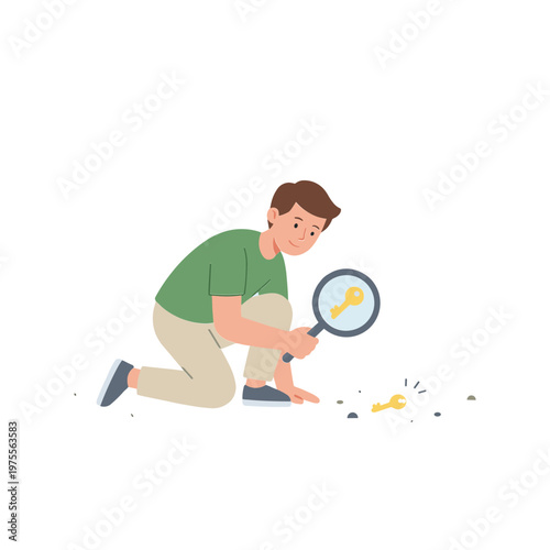 Man kneels on ground examining object with magnifying glass closely.