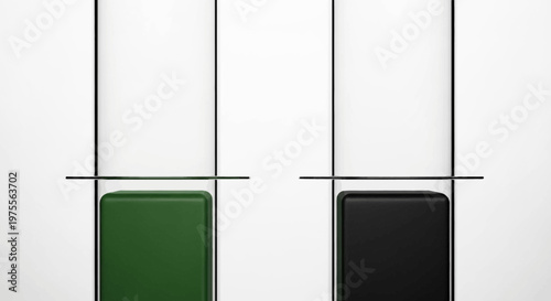 Minimalist composition of cylindrical glass tubes with colored blocks against a white background