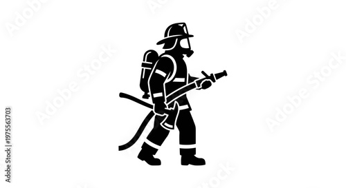 Minimalist black silhouette of a brave firefighter wearing protective gear while carrying an axe and fire hose on a white background, ideal for fire safety campaigns, branding and logos