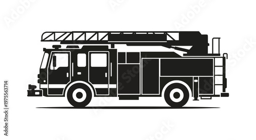 Side view silhouette of a fire engine truck with a telescopic ladder on a clean white background, ideal for emergency service icons, fire department logo design and educational safety graphics