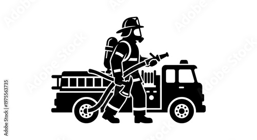 Silhouette of professional chief safety officer in protective gear with hose and axe near fire engine truck vector icon, ideal for safety signage, rescue branding and department identity