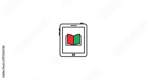 Minimalist digital learning concept: tablet displaying a vibrant colored book illustration