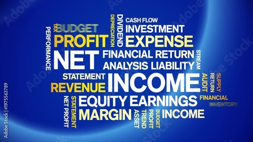 Net income animated word cloud-text design animation tag kinetic typography seamless loop.