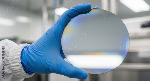 Gloved hand holding a polished silicon wafer with rainbow light diffraction in a high-tech laboratory or semiconductor manufacturing cleanroom