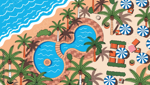 Tropical Resort Aerial View With Palm Trees And Pools