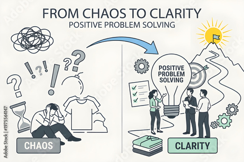 Minimalist Business Concept Illustration of Positive Problem Solving Transitioning From Chaos To Clarity With Collaborative Team Strategy Icons