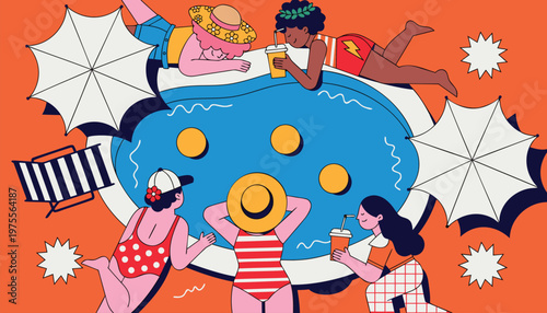 Vibrant Poolside Gathering Friends Relaxing in Summer