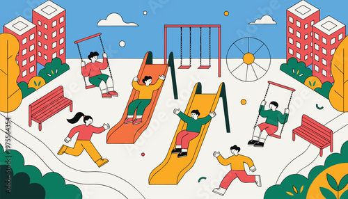 Playful urban park scene kids having fun