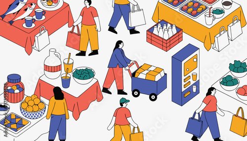 Bustling Isometric Market Scene with Shoppers