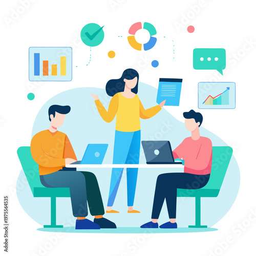 Tech Startup Team Brainstorming with Hologram Charts White Background