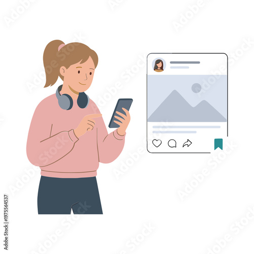 Woman uses smartphone next to social media post on screen