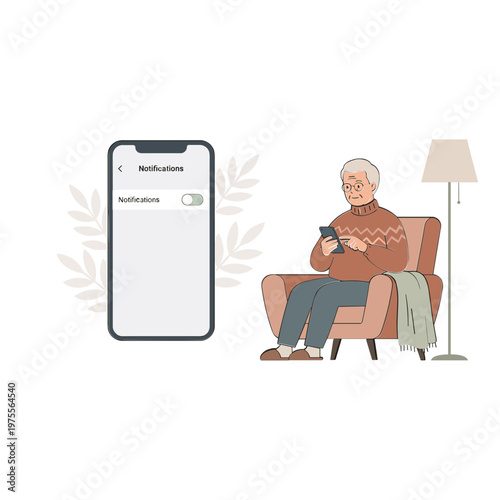 Elderly woman sits on sofa checking phone next to lamp indoors