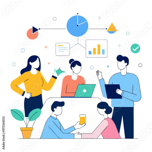 Tech Startup Team Brainstorming with Hologram Charts White Background