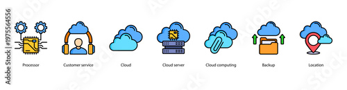 Enterprise Cloud web banner icon vector illustration featuring Processor, Customer Service, Cloud, Cloud Server, Cloud Computing, Backup, and Location.