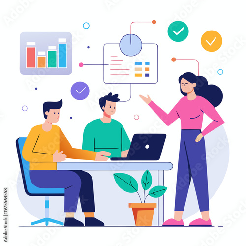 Tech Startup Team Brainstorming with Hologram Charts White Background