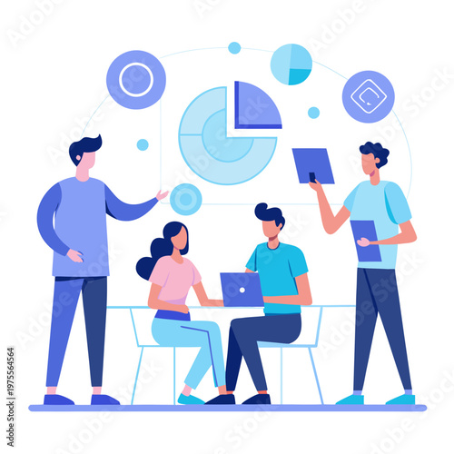 Tech Startup Team Brainstorming with Hologram Charts White Background