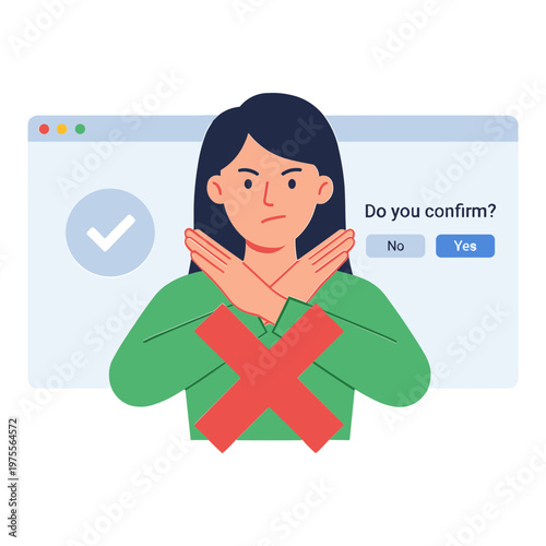 A woman rejects a confirmation request on a computer screen with hands crossed.