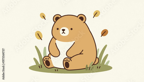 Charming illustration of a pensive cartoon bear sitting peacefully amidst the falling autumn leaves, enjoying a quiet moment in nature