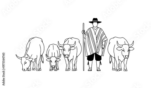 Rabari Herdsman with Cattle Traditional Indian Rural Life Vector Illustration
