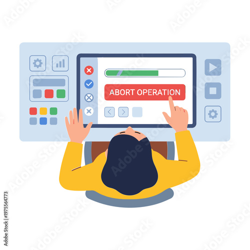 A frustrated woman interacts with a large computer screen displaying an abort operation button.