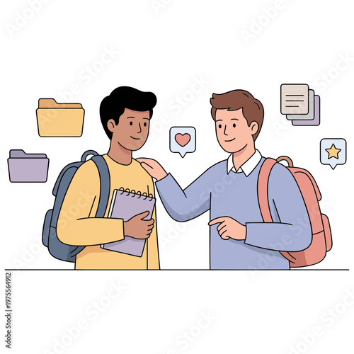 Two teenage boys discuss school with books and backpacks on