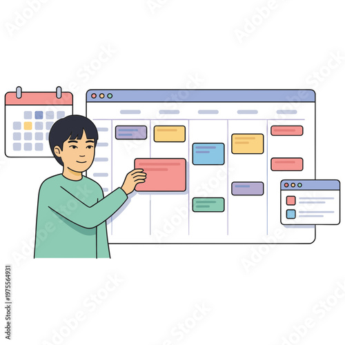 A man presenting a colorful project timeline on a large computer screen in an office.