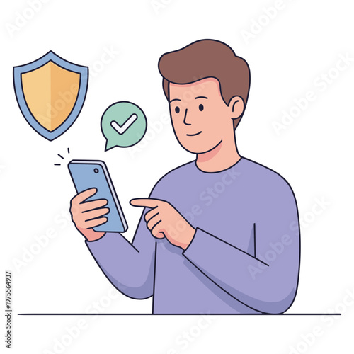 Man using smartphone with shield and checkmark symbols nearby