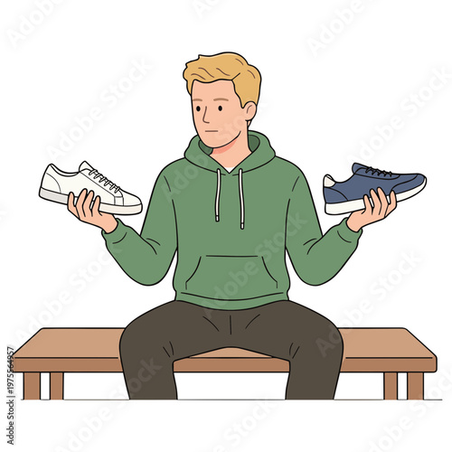 Man sitting on bench compares white and blue shoes closely