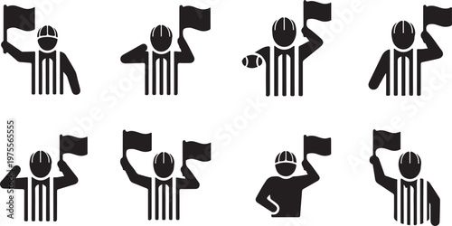 American football referee icon set, 8 black and white official silhouettes with penalty flags, sports official hand signals for game rules and officiating