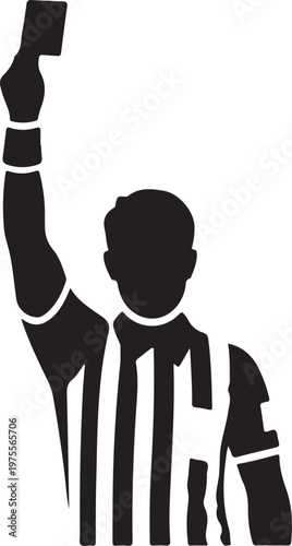 Soccer referee silhouette holding up a penalty card, sports official in striped uniform vector, football umpire showing red or yellow card