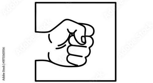 Simple line drawing depicts a clenched fist emerging from a square frame