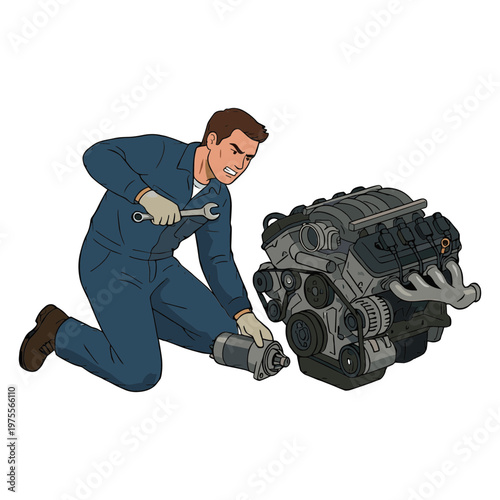 Mechanic repairing an engine with a wrench in a garage setting