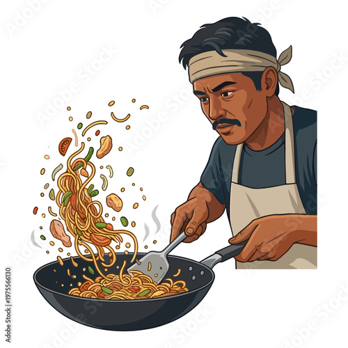 Man cooking noodles in a wok with vegetables and sauce.