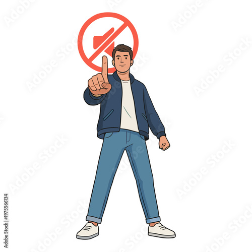 Man holding sign with finger up in front of no horn illustration