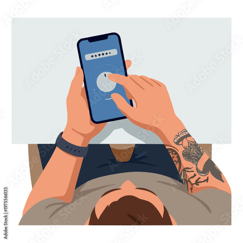 Person lying down holding smartphone with login screen Technology